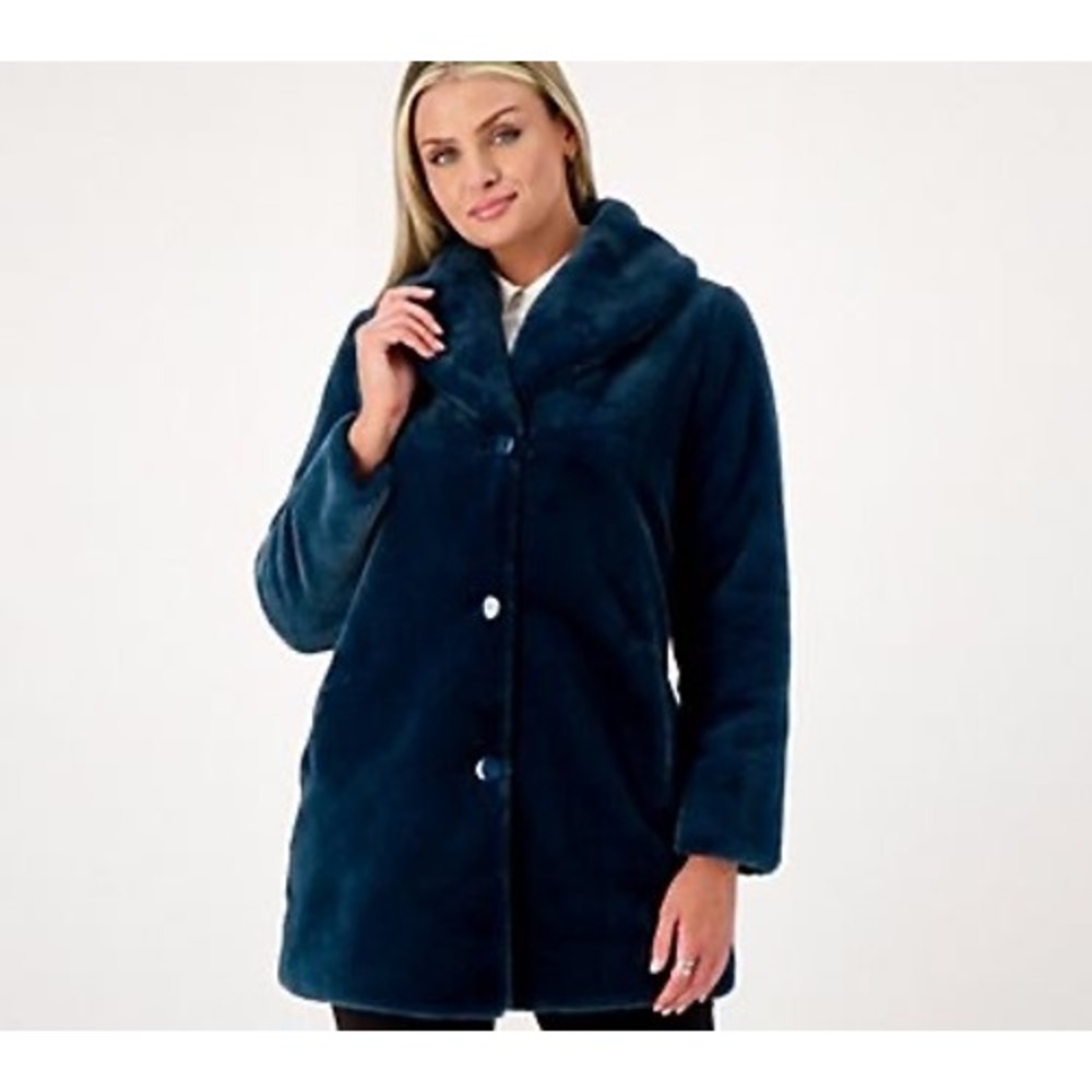 Dennis‎ Basso Plus Size Coat Relaxed Fit Fur Shawl Collar Rich Teal Blue 2X